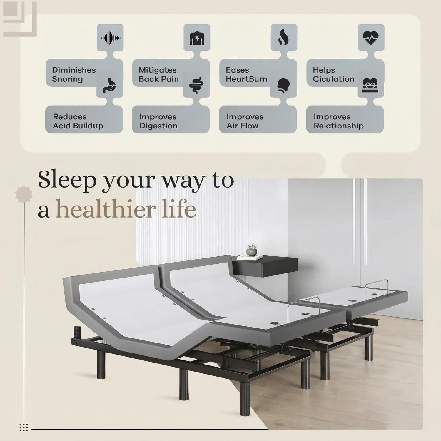 Harmony Adjustable Bed Base, Head and Foot Lift, Massage, Under-Bed Lights, USB, Memory, Zero Gravity Smart Frame - King