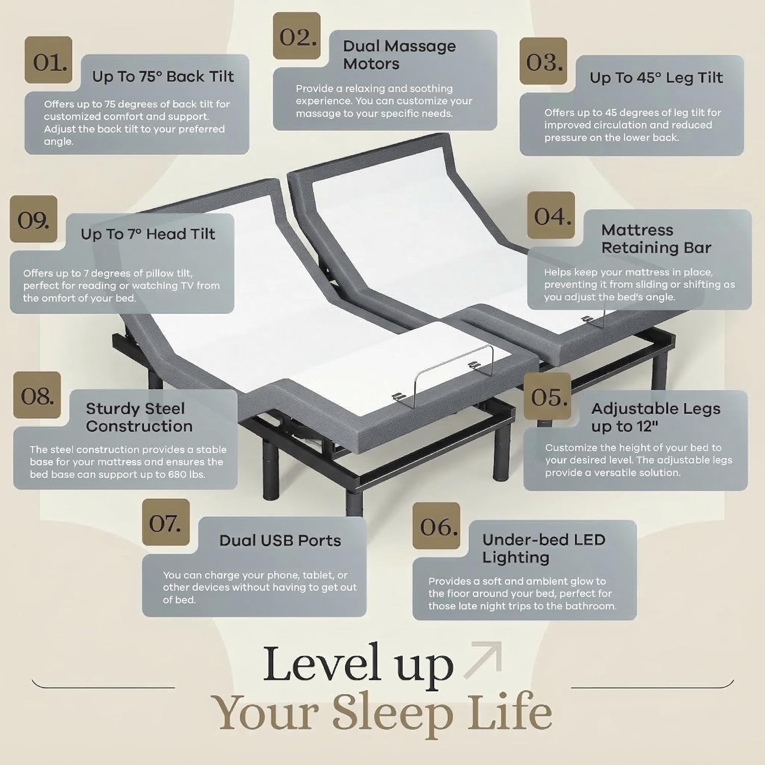 Harmony Adjustable Bed Base, Head and Foot Lift, Massage, Under-Bed Lights, USB, Memory, Zero Gravity Smart Frame - King